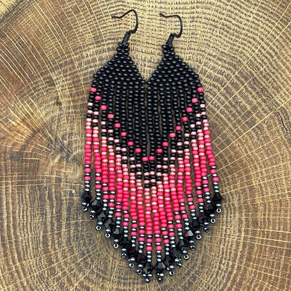 Seed Bead Fringe Dangle Earrings Watermelon Pink Gunmetal Black Glass Crystals - Picture 5 of 10